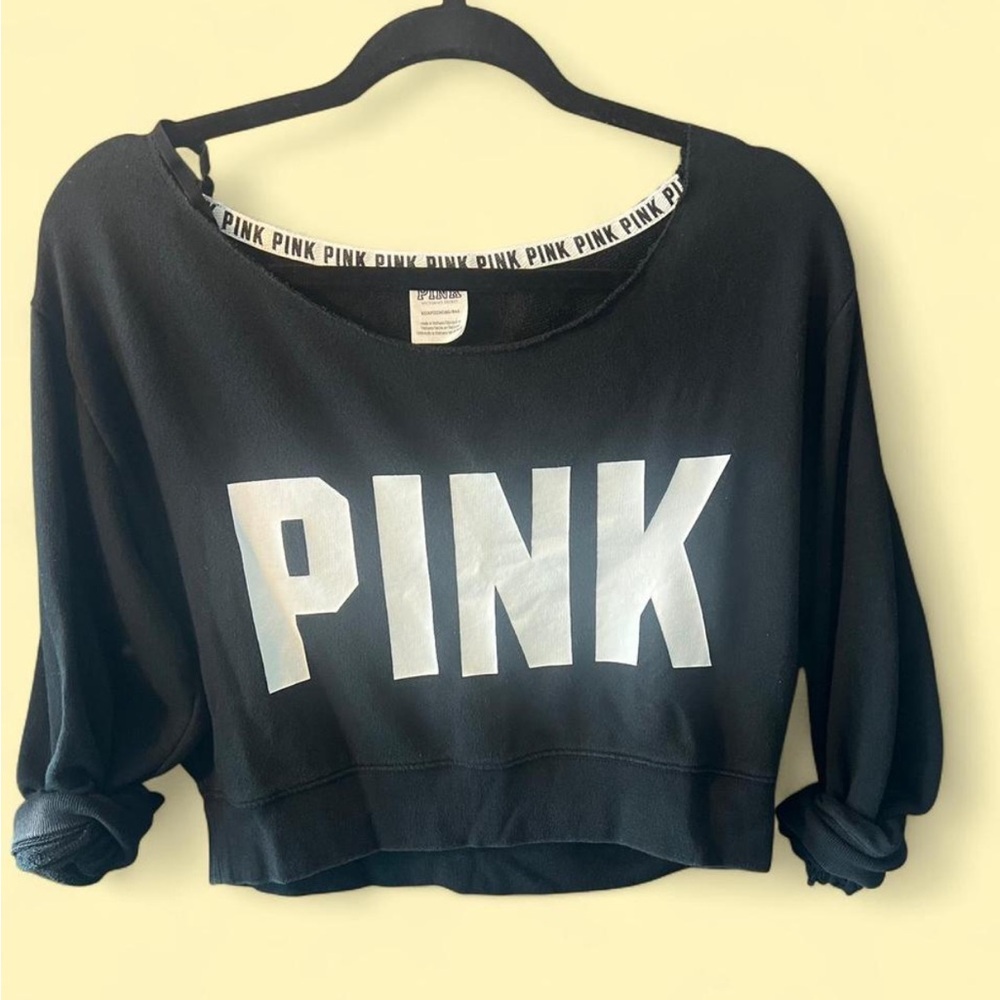 PINK Victoria's Secret Black Cropped Hoodie with Bold Logo